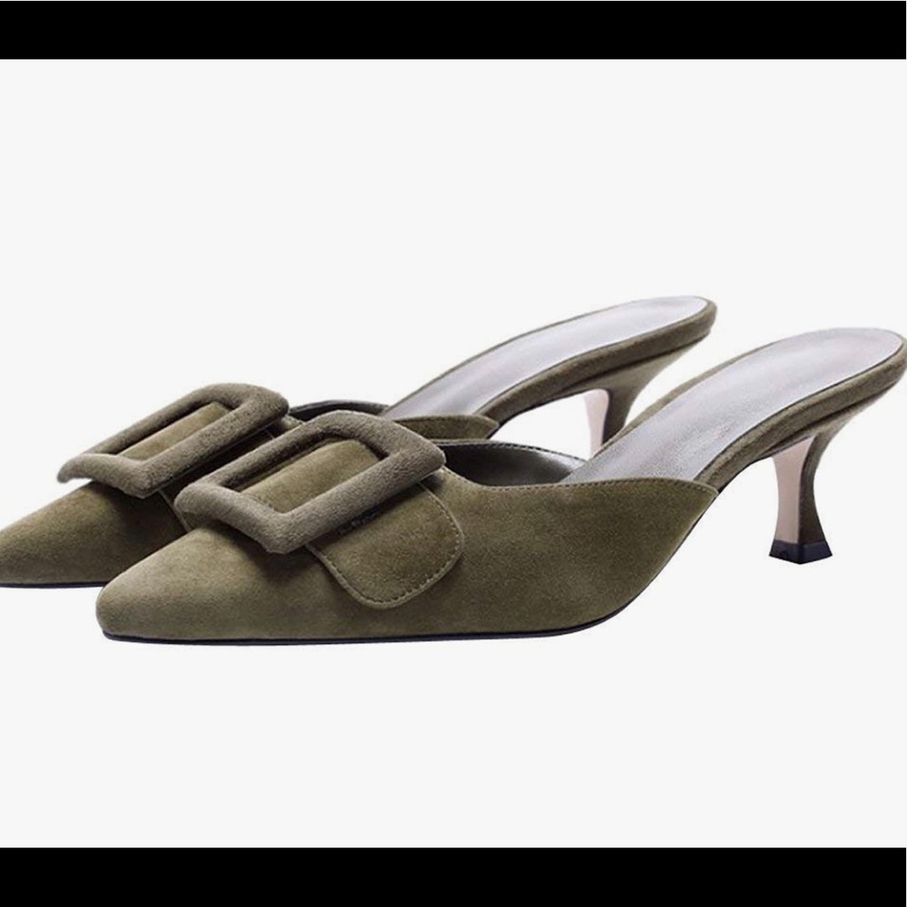Gently Used Dark Green Kitten Heel Faux Suede Mule
